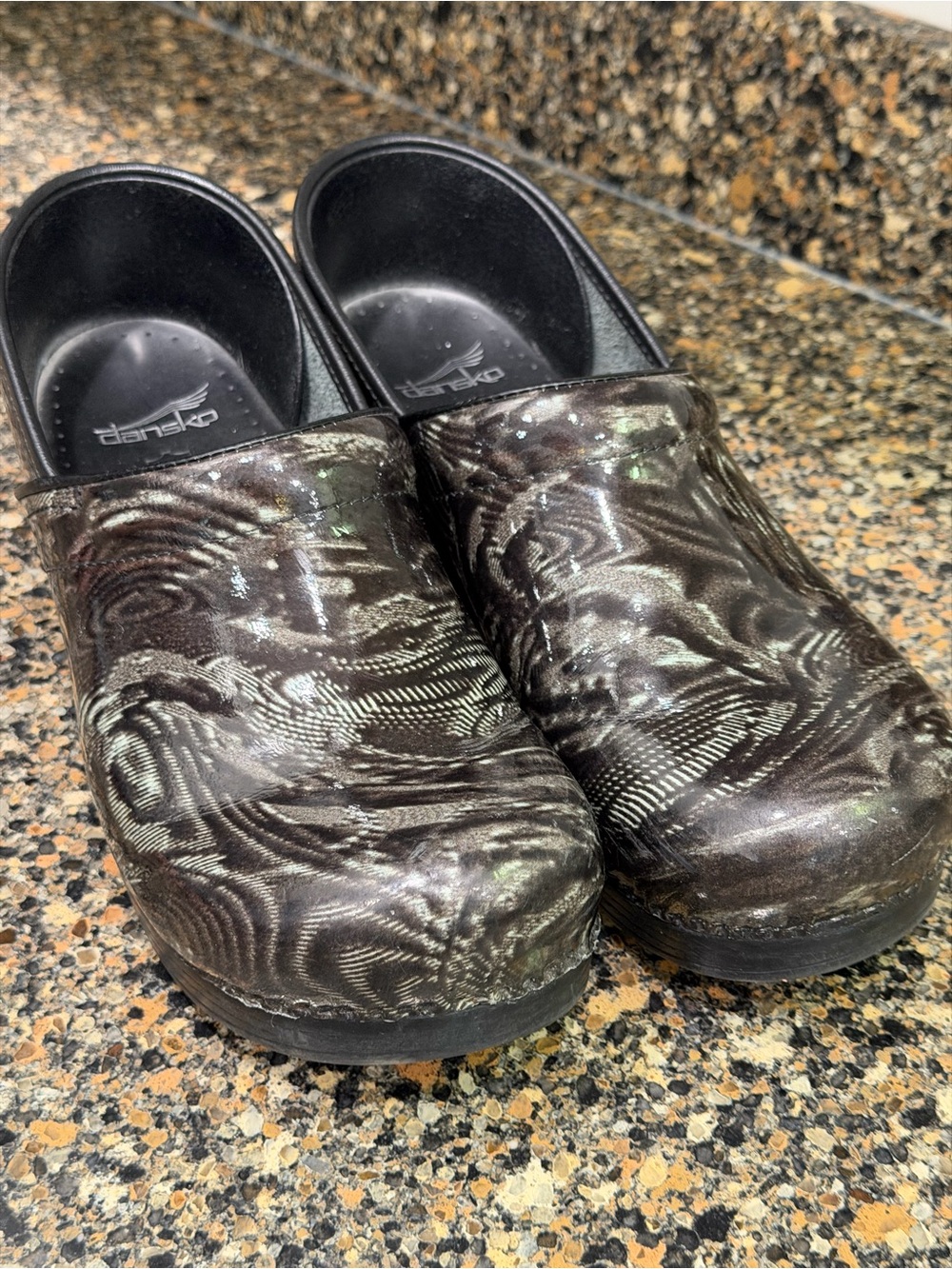 Dansko Black Swirl Patent Clogs 41